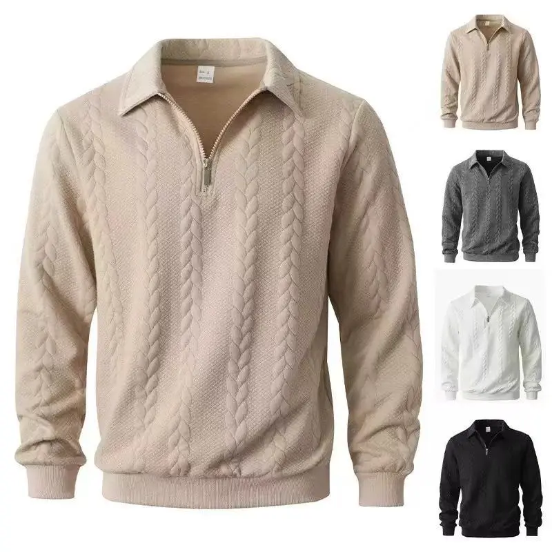 Men's High Neck Cable Knit Sweater, Long Sleeve Casual Polo Tops, Fitted Half-Zip Front Pullover for New Year Business Wear, Retro, Chic