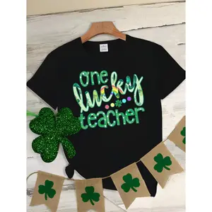 Lucky Teacher St Patrick Day T Shirt Featuring One Lucky Teacher Print Casual Crew Neck Short Sleeve for Spring and Summer