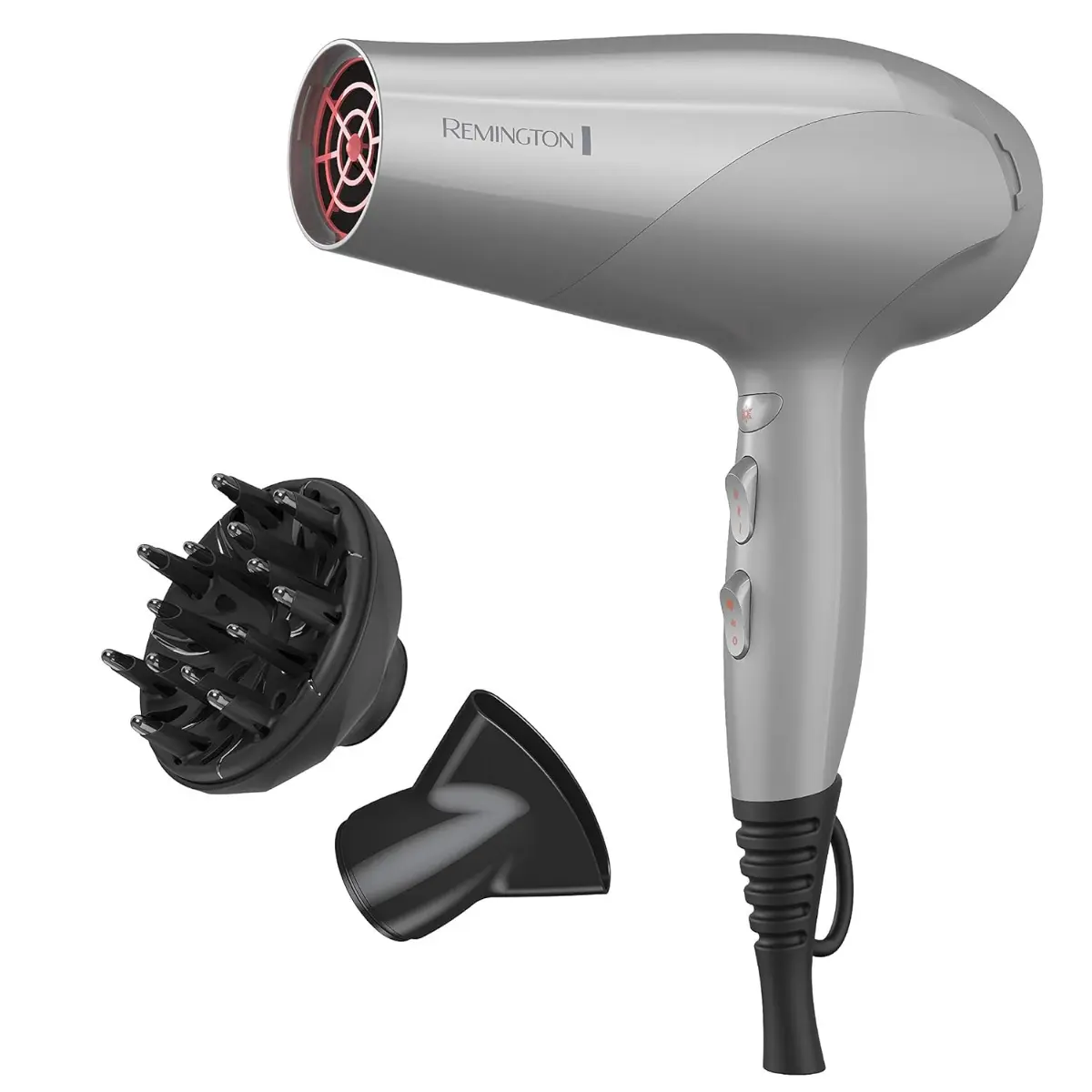 Remington Damage & Heat Protection Hair Dryer - 1875W, Ceramic Ionic Tourmaline Technology, 3 Heat & 2 Speed Settings, Advanced Protection, Anti-Frizz, Grey 3-Piece Set with Diffuser & Concentrator, 3 Heat And 2 Speed Settings