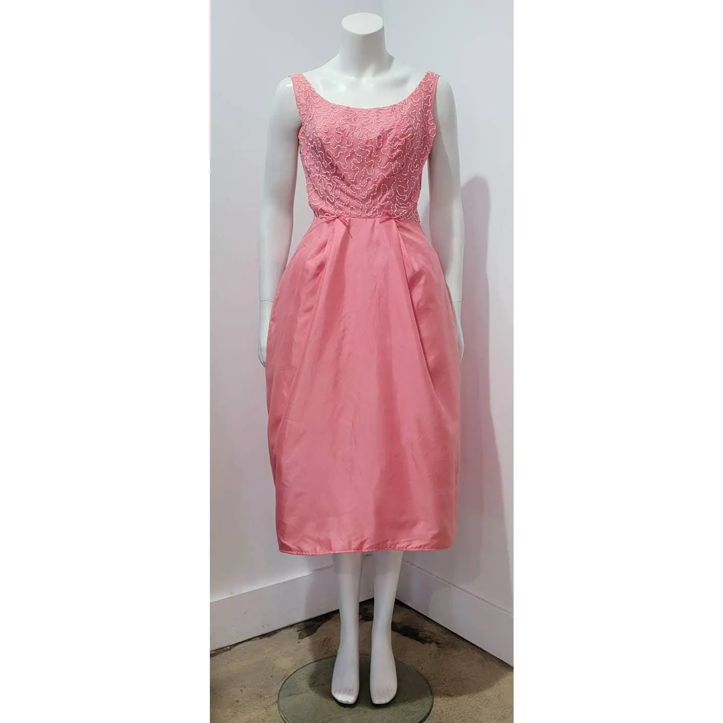 Vintage 50's Flamingo Pink Beaded Pouf Bow Hollywood Glam Midi Gown