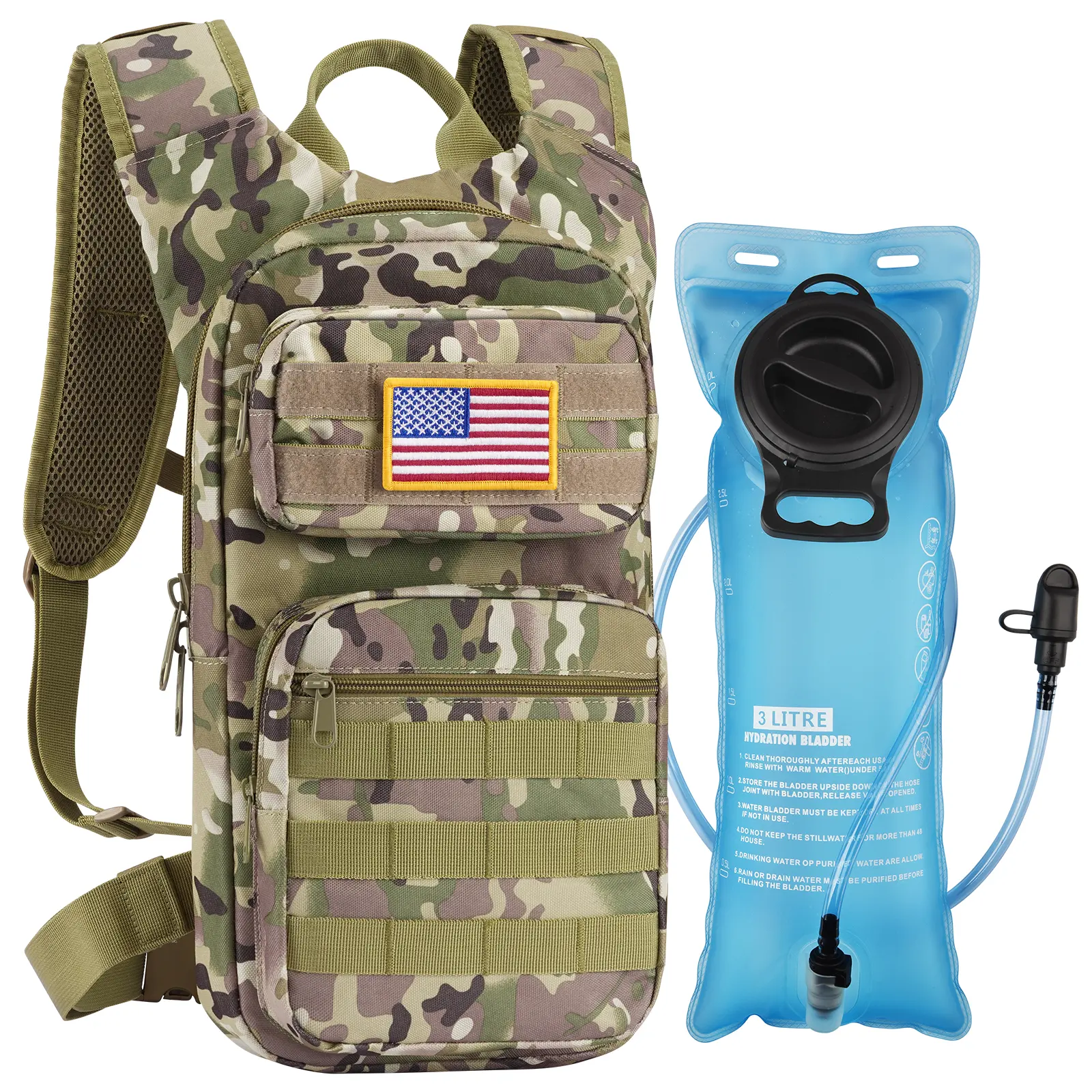 【Holiday Deal】Tactical MOLLE Hydration Backpack with 3L TPU BPA-Free Water Bladder, 9 Pockets, 900D Nylon, Padded Shoulder & Waist Straps, Lightweight, Breathable, Multi-Compartment Outdoor Gear for Hiking, Biking