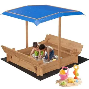 Sandbox with Cover/Lid & Retractable Canopy Wooden Sand Box with Foldable Bench Seats and Bottom Liner for Kids/Toddlers/ChildrenKids Wooden Outdoor Sandbox for Beach/Backyard/Patio Outdoor Play