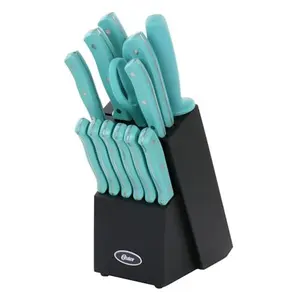 Oster Evansville 14 Piece Stainless Steel Kitchen Knife Cutlery Set W/Turquoise Handles & Black Rubberwood Block