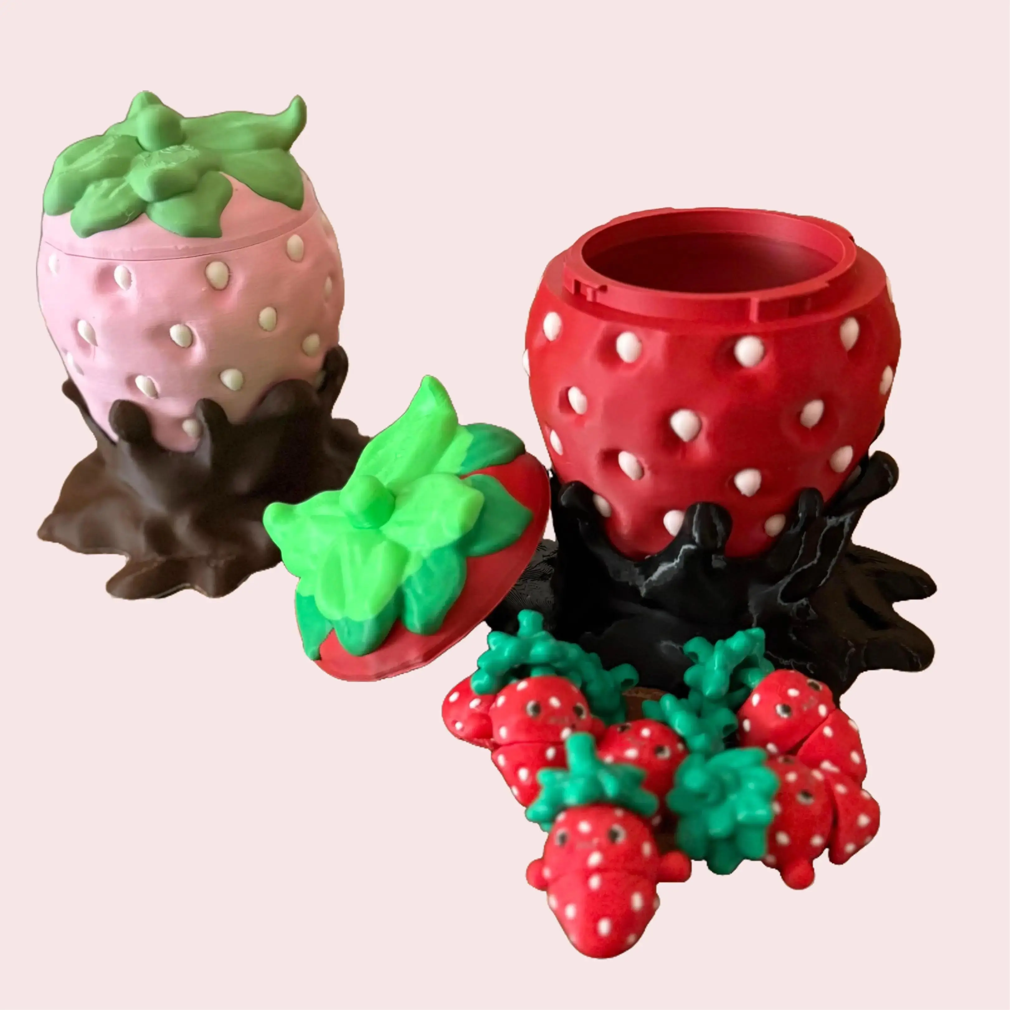 3D Printed Chocolate Covered Strawberry with Mini Fidget Toys - 5" Tall Standing Ornament for Easter Basket or Desk Decor