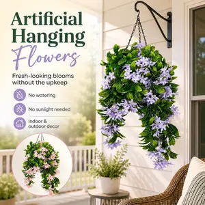 Artificial Hanging Flowers Baskets Set of 2, 12 Inch Faux Crepe Myrtle Hanging Plants for Outdoor Porch, Patio, Balcony Decor