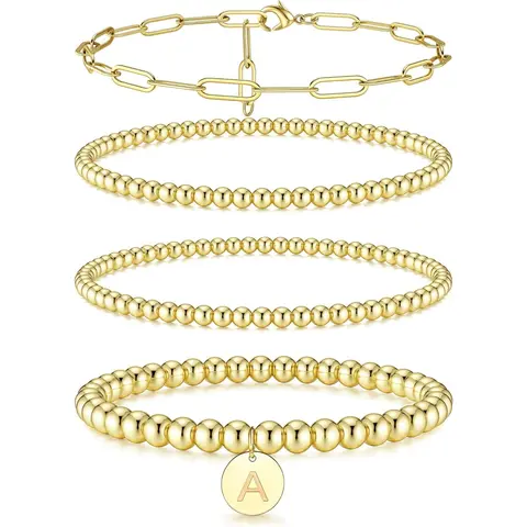 Women's 4-Piece Casual Dainty Gold-Plated Stainless Steel Bracelet Set - Beaded, Paperclip Chain with A-Z Initial Charm, Non-Tarnish, Adjustable, One Size Fits All Female Bangle, Christmas Jewelry