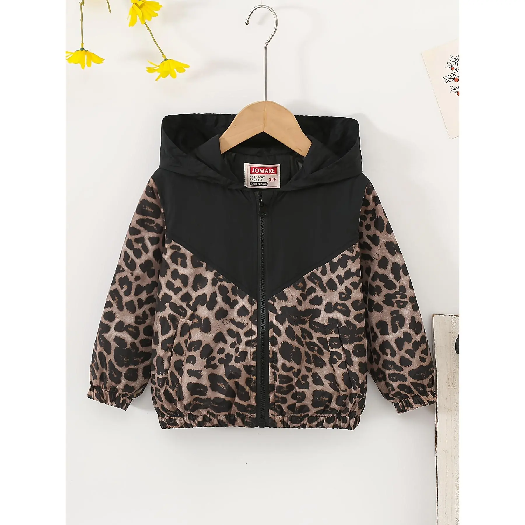 Girls' Hooded Casual Windbreaker Jacket, Colorblock Polyester Long Sleeve Zip Outerwear with Elastic Hem for Spring, Autumn & Kindergarten, Sizes 1-10Y, 4-5Y, 7-8Y