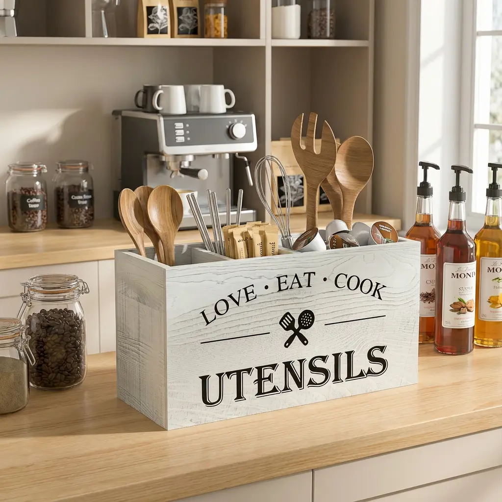 Love-Eat-Cook 3-Compartment Durable Sturdy Rustic Wooden Utensil Holder - Rectangle Box, Farmhouse Kitchen Countertop Organizer for Silverware, Kitchen Accessories, Rustic Wood Style