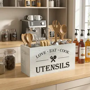 Love-Eat-Cook Rustic Wooden Kitchen Utensil Holder with 3 Compartments Vintage Storage Organizer Box for Silverware Fork Spoon Spatula Countertop Farmhouse Flatware Caddy