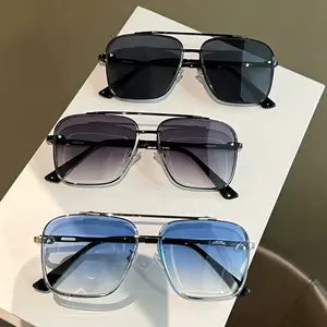 Men's Double Bridge Square Sunglasses - Retro UV400 Protection, Gradient Blue Lenses for Driving & Outdoor Activities, Cool-Toned Aesthetic Cruising Men's Sunglasses
