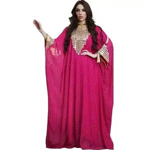 Women's Abaya Chiffon Drop Beaded Dress in Vibrant Yellow with Gold Sequins and Elegant Bell Sleeves for Special Occasions Maxi Prom