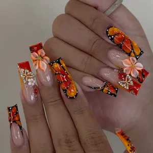Hand Carved Summer Flower Butterfly Nail Art Stickers, Press-On False Nails, Handmade Press Ons, Flower Design Nails, Decorative Nails, DIY Nail Art for Women Girls, Party Date Travel Wearable