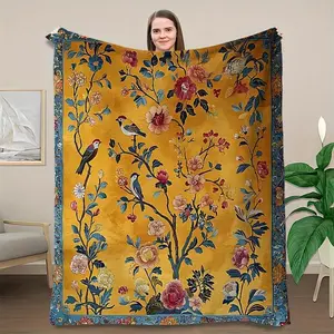 Creative Floral Tree Bird Pattern Flannel Velvet Blanket Ultra Soft Plush Material Warm Comfortable Perfect For Office Napping Sofa Lounging Machine Washable Durable Quality