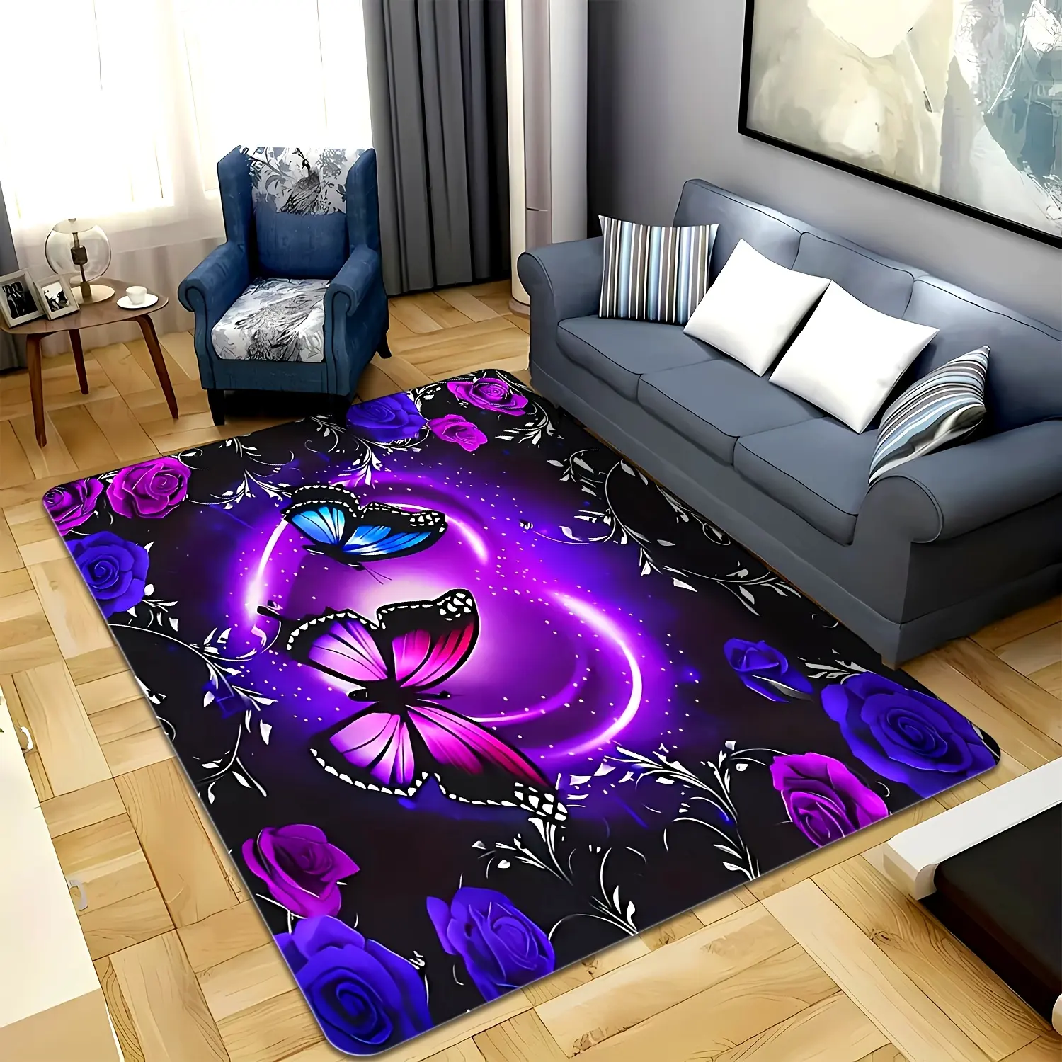 1pc Purple Butterfly Pattern Carpet - Washable - Living Room Coffee Table Carpet, Suitable for Bedroom, Entrance Doormat and Dining Room, Hallway, Playroom, Outdoor Patio, Garden and Courtyard Area Rug, Bedroom Floor Mat Decoration, Room Decoration, Advan