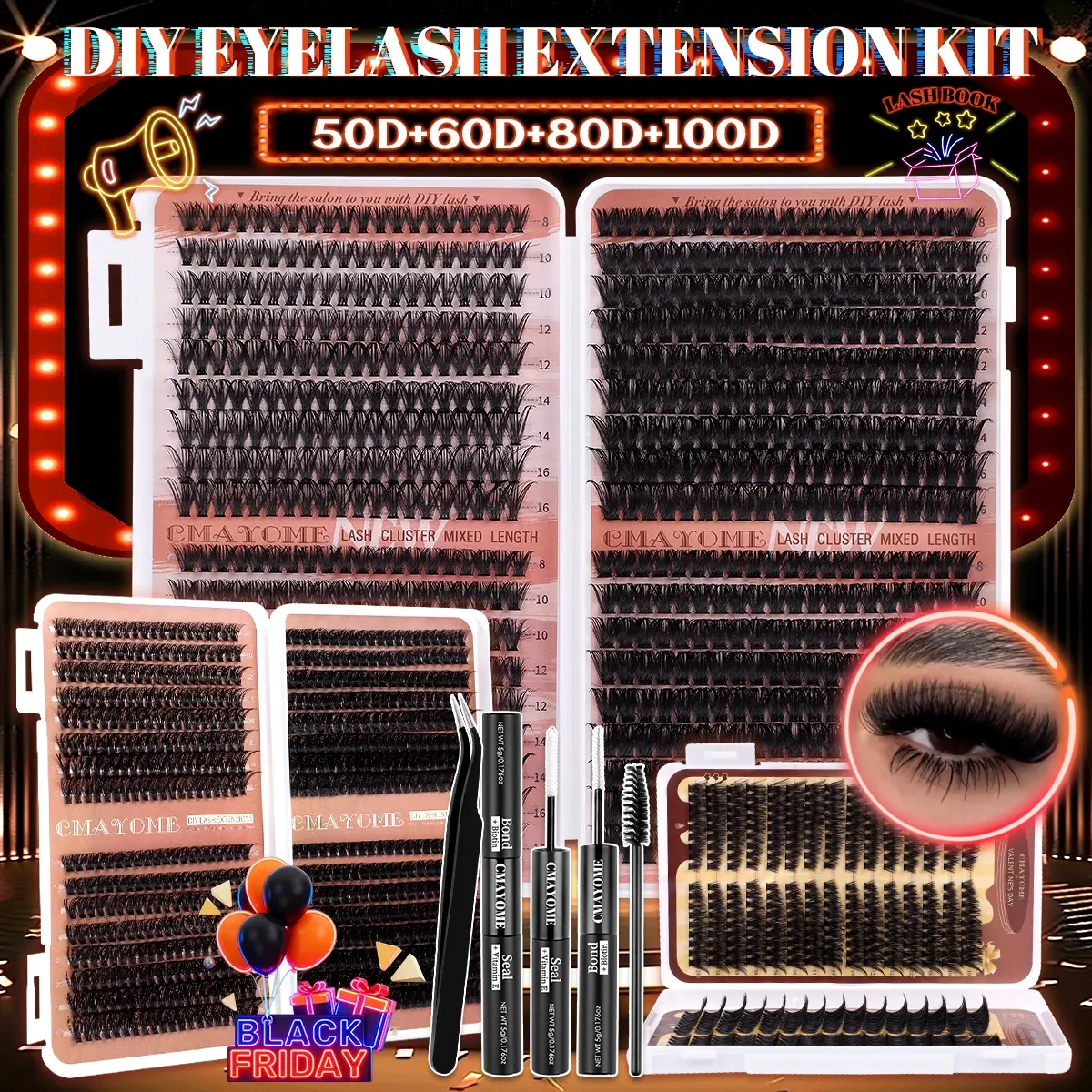Thick Individual Lash Cluster Set, Diy Eyelash Extensions, Diy Eyelash Clusters, 50D-160D Mixed Style False Lashes, Natural Daily Wear, Party Makeup, Mixed Lengths, Includes Lash Glue Tweezers & Brush, D Curl, Beginner Friendly