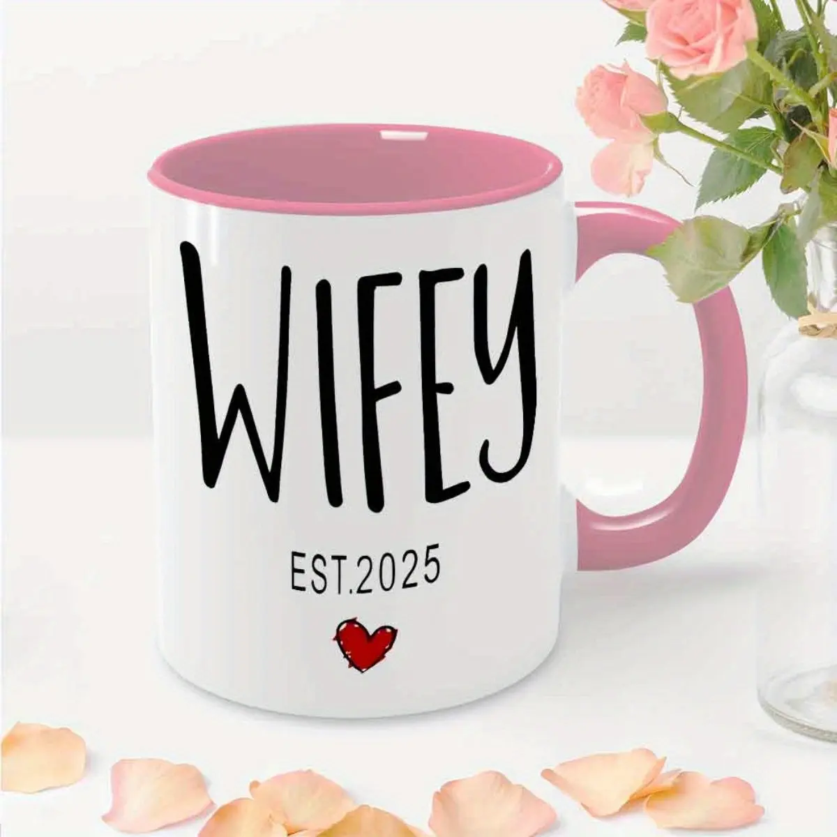 11oz Washable Ceramic Coffee Mug-Cup with Pink Handle, Funny Sarcastic 'WIFEY EST.2025' Love & Commitment Design, Ideal Drink Gift for Your Special Someone (Birthday Gift Option)
