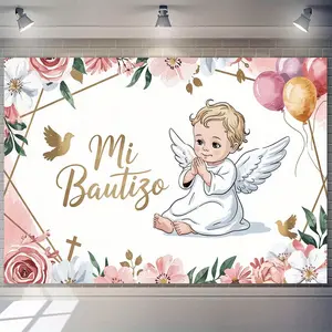 Mi Bautizo Photography Backdrop Baby Angel Praying 230x180cm Polyester Fabric for Baptism Wedding Birthday Newborn Shower Decor No Electricity Needed Banners Ornaments
