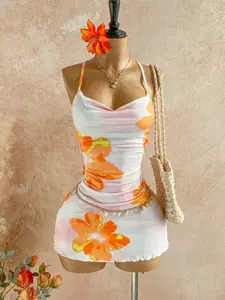 Summer Beach Party Fashion Casual Ruffle Hem Women's Dress, Random Print Design, Suitable for Daily Wear, Stylish and Comfortable