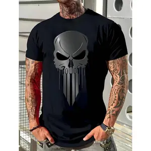 Men's Black Short Sleeve T-Shirt with Skull Print, Casual Round Neck T-Shirt with Regular Fit. The fabric is comfortable for all seasons, ideal for daily use and perfect as a Christmas gift.