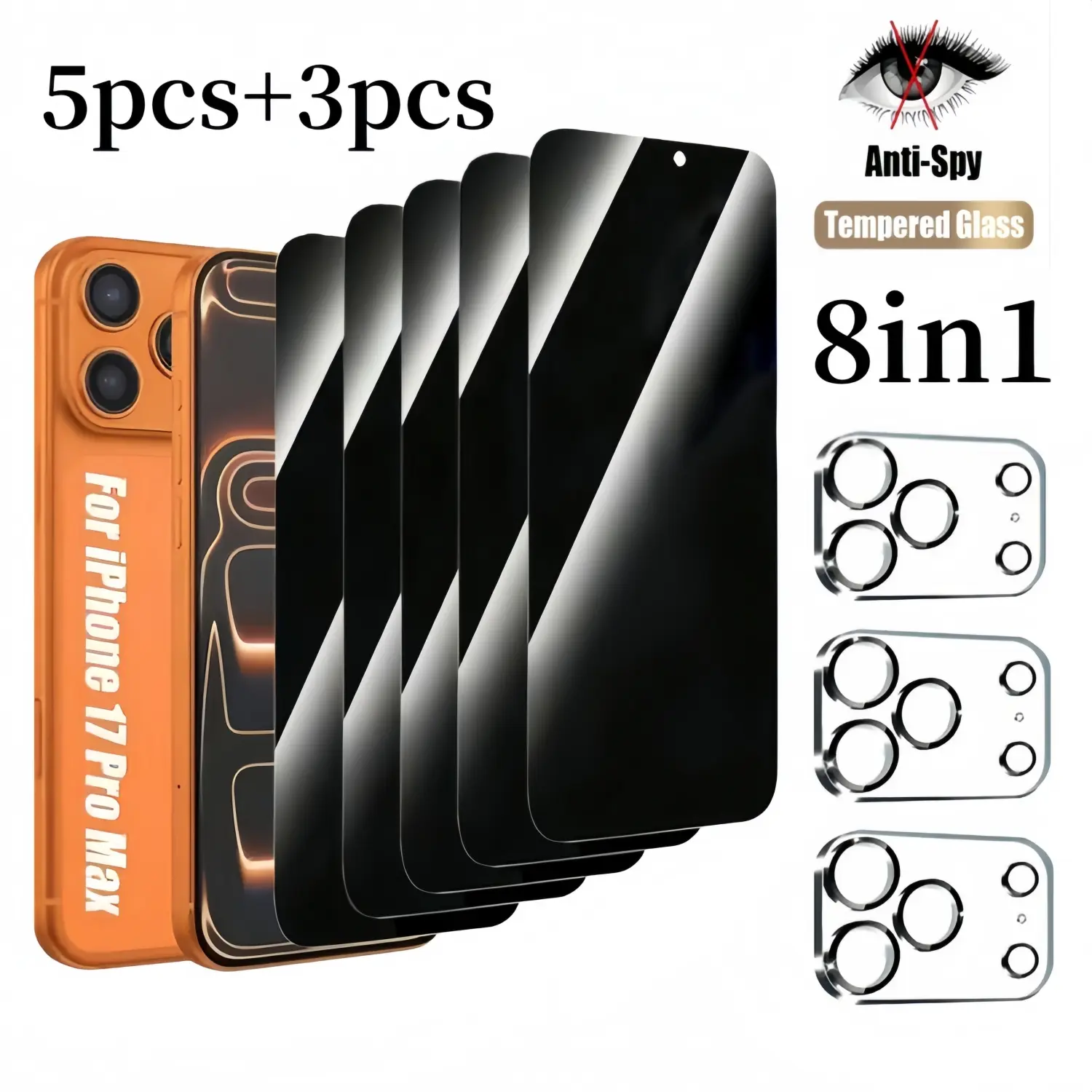 8in1 5Pcs Privacy Screen Protector for iPhone 17 Pro Max 16 15 14 13 Pro Max Plus 16E 17Air with 3Pcs Camera Lens Protective Film High quality Full Coverage Anti Spy 9H Hardness Tempered Glass Film No Bubbles Case Friendly Installation Protection