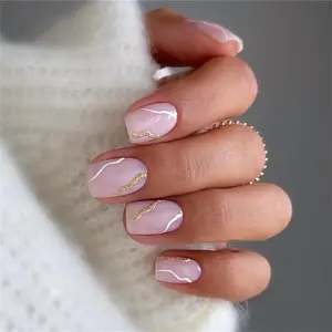 Short Square Fake Nail, 24pcs/set Glitter Base French Tip Glitter Line French Press on Nails with Nail File & Tape, Removable Nail Art Artificial Full Cover, Glittering Fake Nails, Glitter Decorative Nails, French Tips Nails