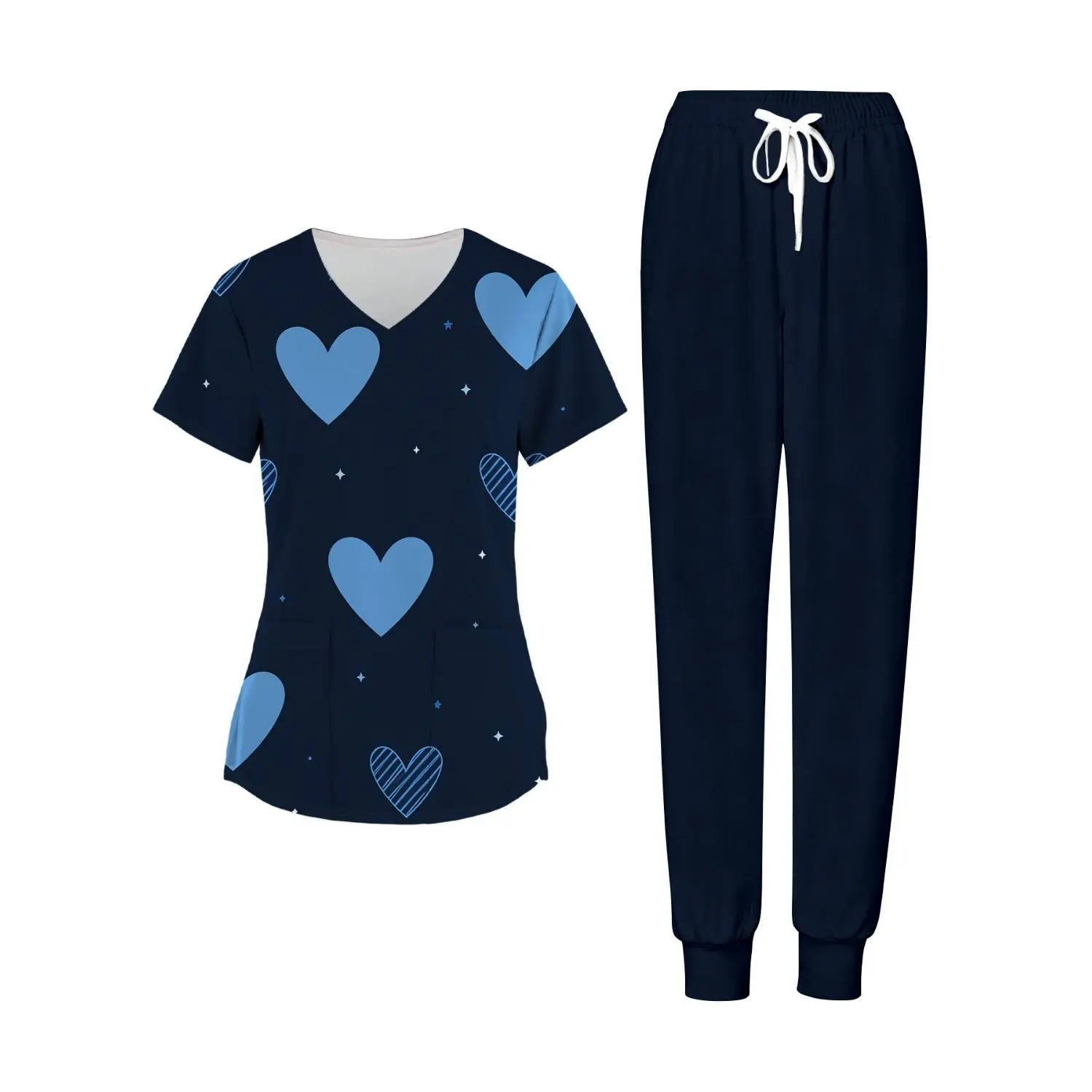 Plus Size Women's Two-Piece Set: Navy Blue Heart Print Valentine's Day V-Neck Top and Pants Nurse Scrub Set