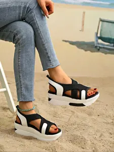 Women's Fashion Colorblock Cross Strap Platform Sandals, Casual Comfortable Sandals for Summer, Lightweight Breathable Shoes for Daily Wear, Girl