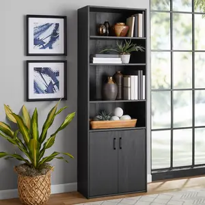 Traditional 5 Shelf Bookcase with Doors, Black Finish
