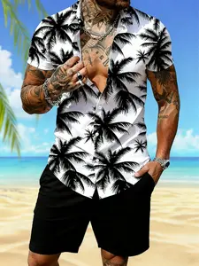 Men's Hawaiian Shirt Short Sleeve Geometric Coconut Palm Print Fitted Button Down Shirt - Casual Beach Vacation Tropical Shirt for Men, Stylish Summer Holiday Resort Wear with Breathable Fabric, Perfect for Beach Parties, Luau Events & Leisure Time