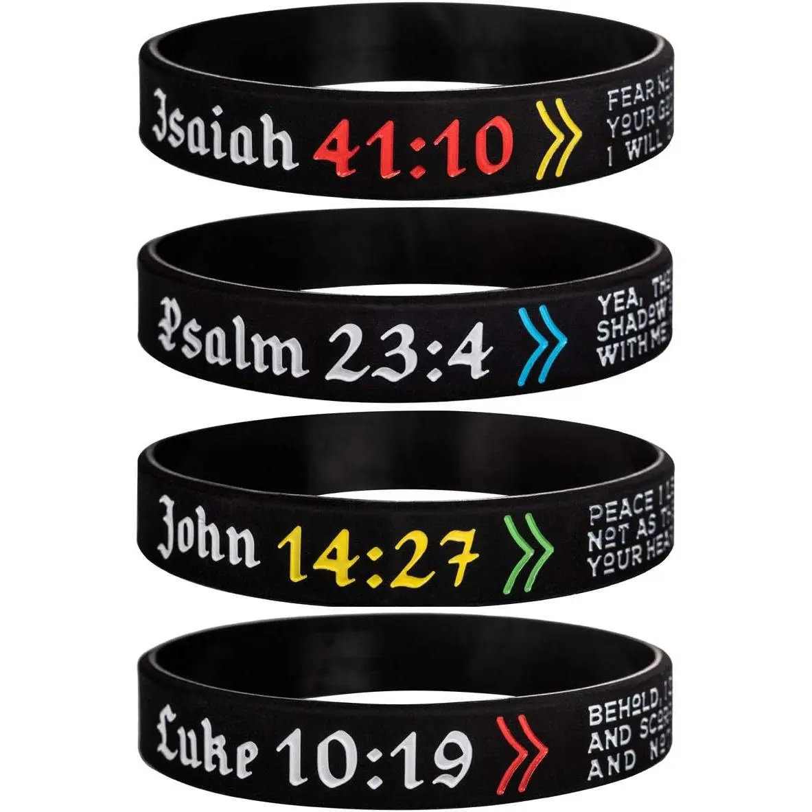 4-Pack Power of Faith Christian  Verse  Bracelets - Isaiah 41:10, Psalm 23:4, John 14:27, Luke 10:19 - Religious Scriptures Rubber Wristbands Church Gifts for Men Women