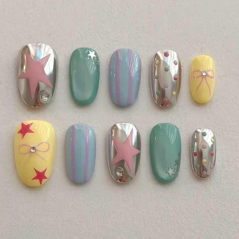 A41 Y2K Chrome Mix Press-On Nails, Silver Mirror Base with Pink Star Detail, Pastel Stripe and Polka Dot Design, Daily Wear Nails, Gift for Her