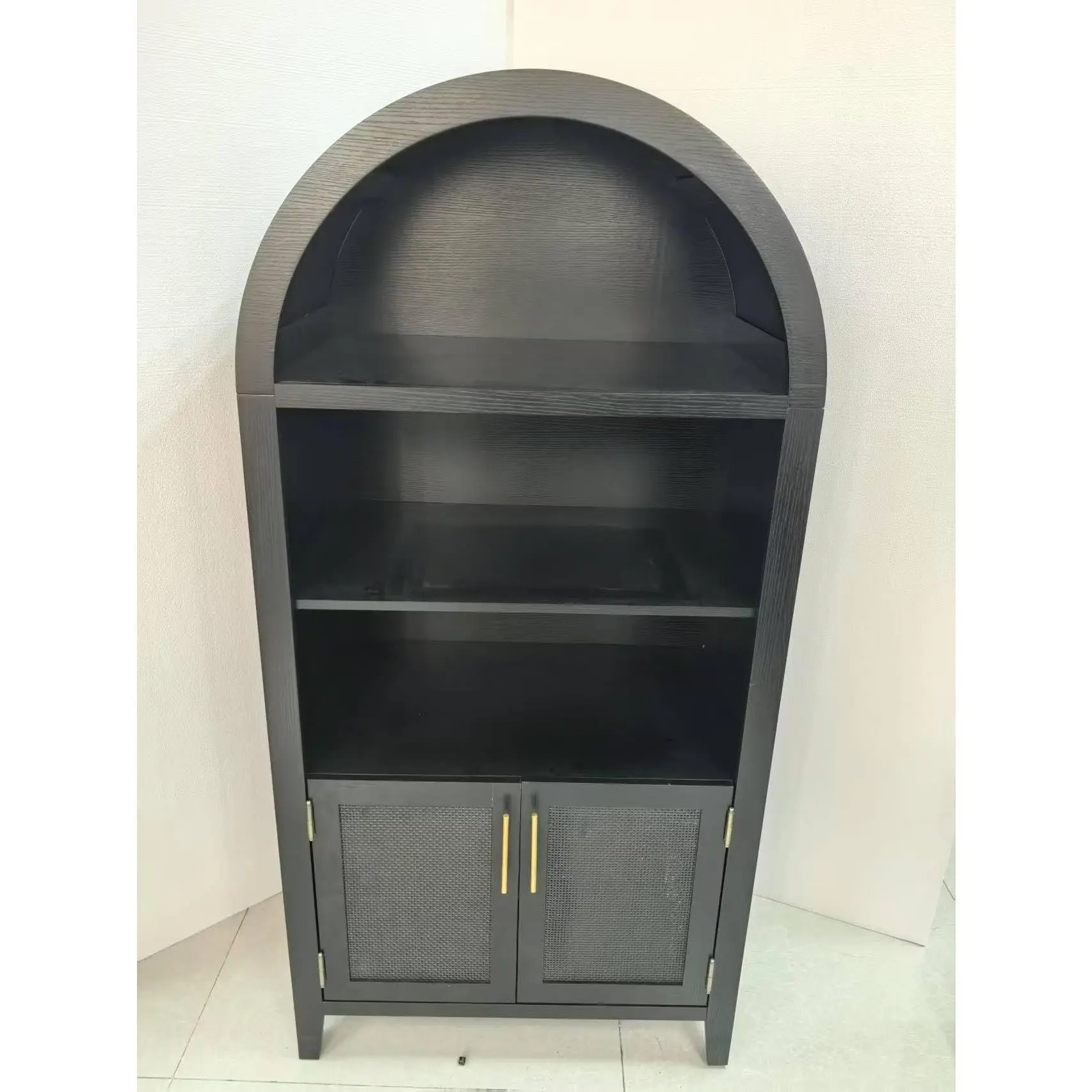 5-Tier Arched Kitchen Pantry Cabinet, farmhouse style closed storage cupboard with doors and open display shelves. Multi-scene usable for kitchen, dining room and living room, available in black and white.