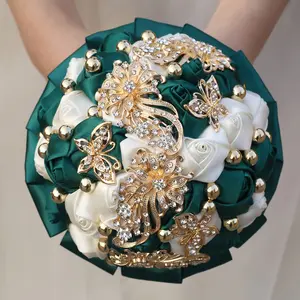 1pc Bride Wedding Bouquet with Rhinestone Pin, Emerald Satin Handheld Artificial Flower Arrangement, Decorative Flowers, Romantic Bridal Party Gift
