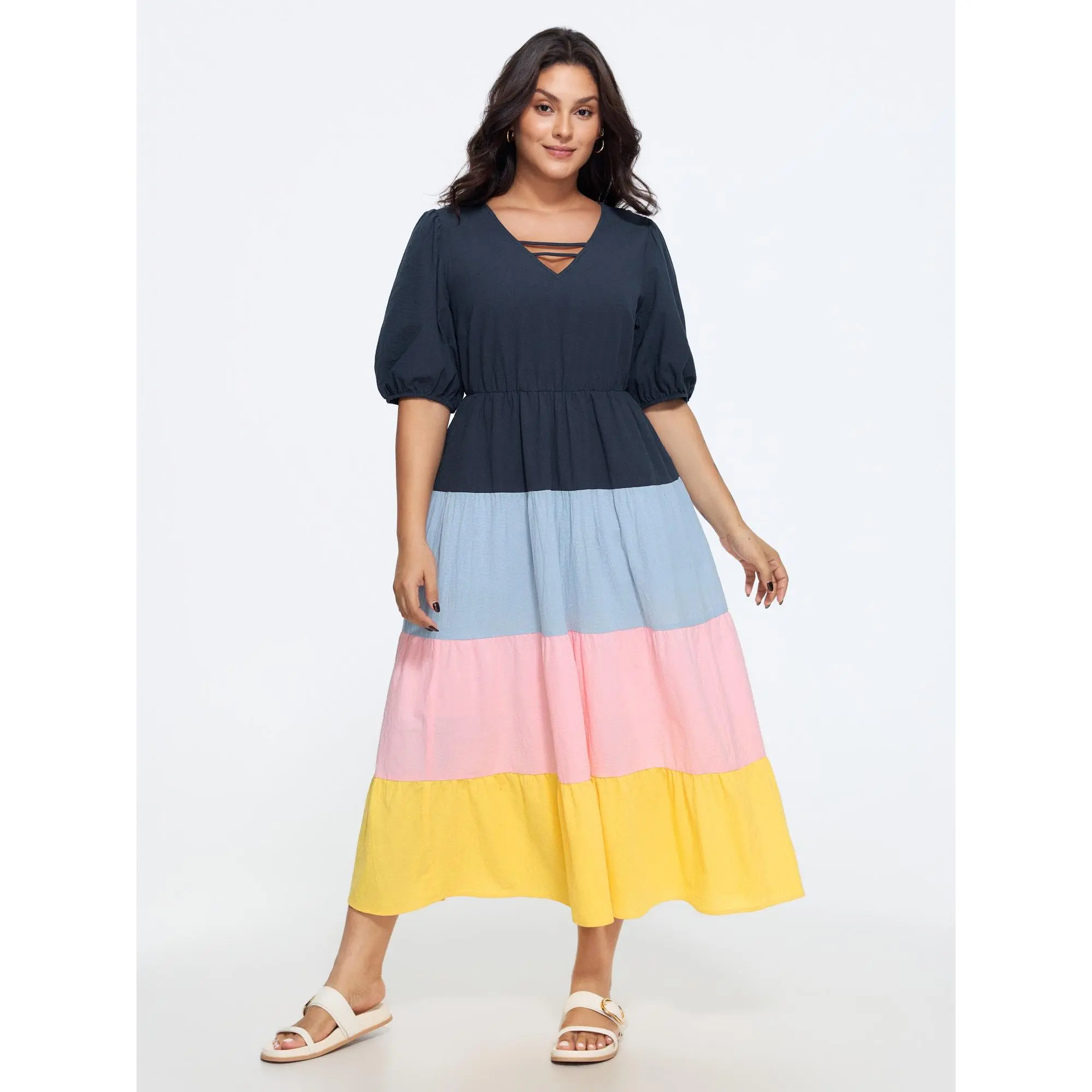 BLOOMCHIC Women's Plus Size Smooth Cotton Color Block Tiered Maxi Dress - Casual Fit Garment [M-6X] 2026 Summerfinds, Fabric