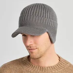 Mens Winter Baseball Cap with Ear Flaps Thick Fleece Lined Ski Beanie Sun Hat Brim Warm Cold Weather Outdoor Sports Hats Cap