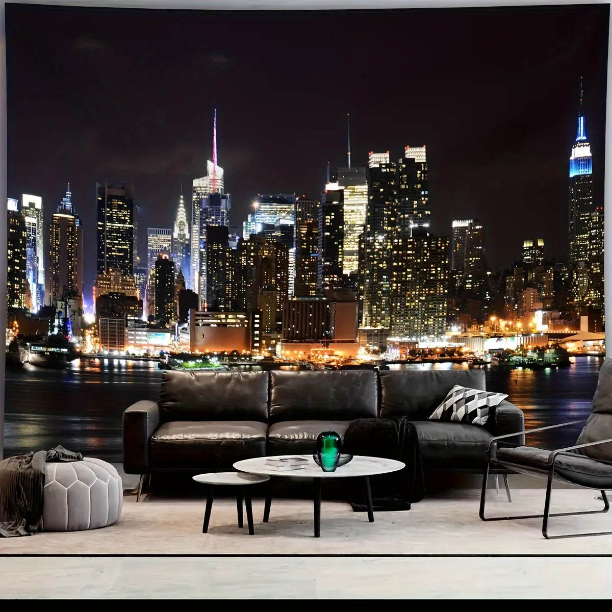 Modern Night Cityscape Tapestry Wall Hanging - 100% Polyester, Fade-Resistant, Lightweight, Machine Washable, Hand-Sewn Horizontal Skyscraper & Water Reflection Design, Home Decor Supplies, Room Art for Indoor Living Room, Dorm