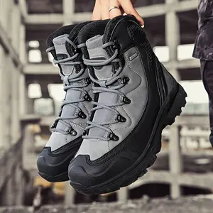 Men's Gray Hiking Boots High Top Outdoor  Shoes with Lace-Up Design
