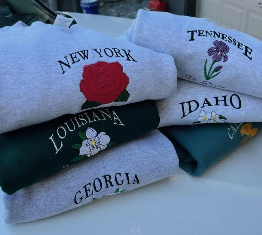 Embroidered Crewneck State Flower Sweatshirt, Cute Vintage Style Apparel for Women Original Embroidery Hoodie Womenswear,, Gift For Him For Her.