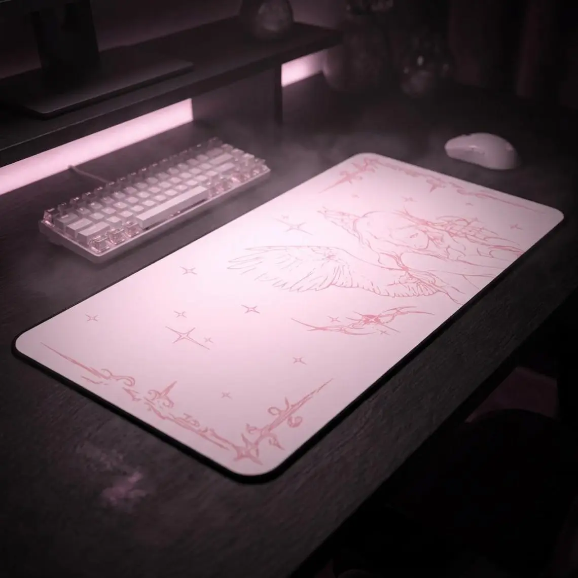 Captured Stars Angel Sketch Desk Mat | Pastel Pink Illustration, Large Mouse Pad
