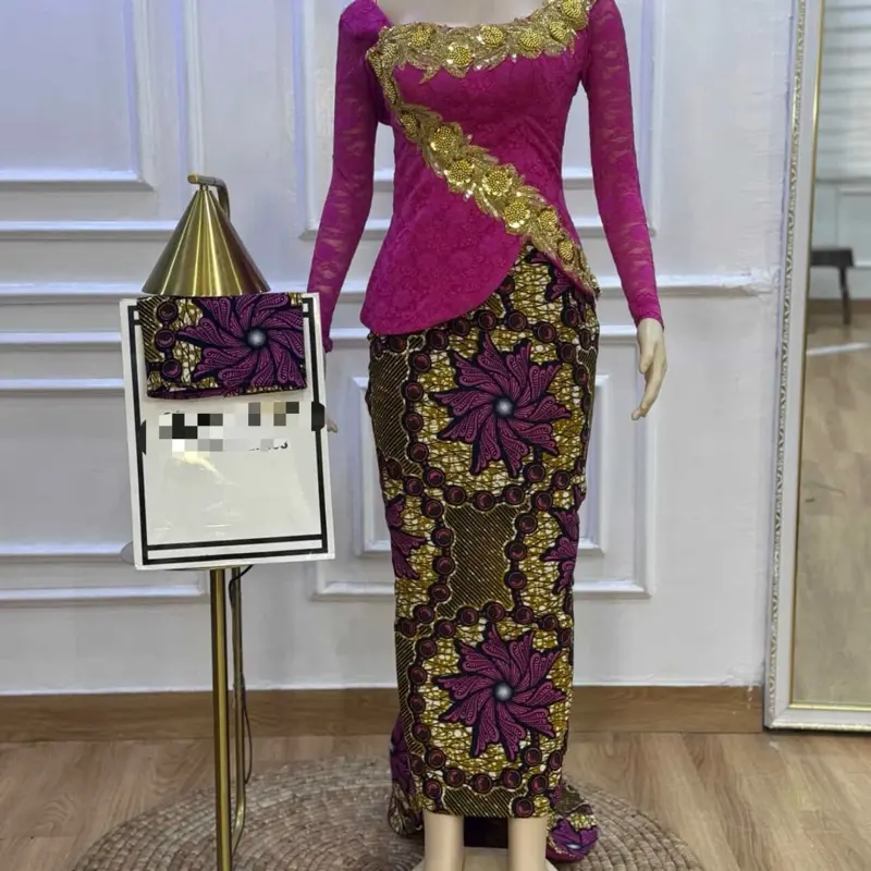 Nguo Ya Kikwembe Pink Sequined Top with Gold Accents and Matching Ankara Skirt Set for Traditional Wear