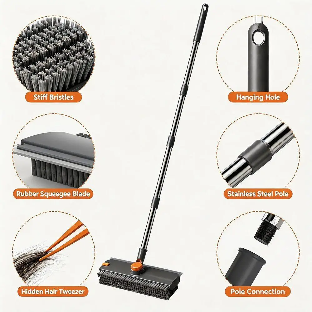 Grey-Orange 3-in-1 Detachable Steel Household Functional Brush with Long Handle, Scrape Blade & Stiff Bristles - Indoor/Outdoor Scrub-Sweep Cleaning Tool for Bathroom, Garage