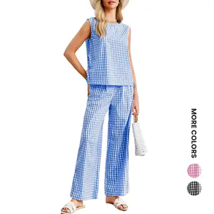 Renaishow Womens Summer 2 Piece Sets Gingham Side Tie up Tank Tops & Wide Leg Pants Vacation Beach Outfits Comfortable Breathable Fabric Stylish Design Versatile Style