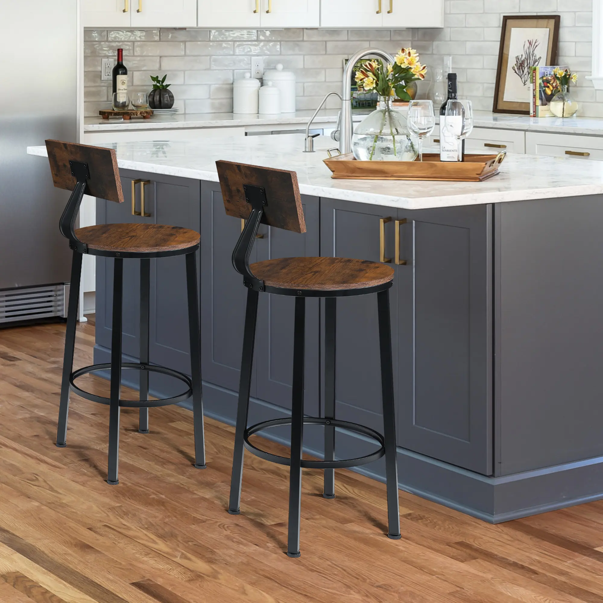 Set of 2 Walnut 30" Counter Height Bar Stools, Steel Frame Wood Seat Back Barstools, Easy Assembly for Pub Table Kitchen Island homeessentials