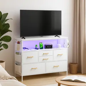 Bedroom Dresser TV Stand with LED Lights & Charging Station, 6 Fabric Drawers with Side Pockets, Wide Storage Dresser for Bedroom, Living Room, or Closet, Modern Media Console for TVs up to 43" Cupboard Furniture