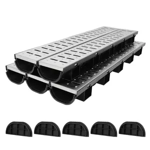 Trench Drain System, HDPE Channel Drainage with 304 Stainless Steel Metal Grate, Durable Garage Flooring Drain , Easy to Install Rainwater garage floor drain