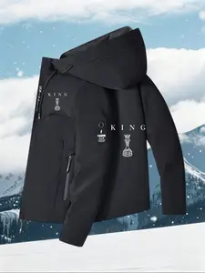 King Chess Theme Outdoor Windproof Hooded Jacket for Men, Fall Winter Casual Sport Coat, Slim-Fitting Random Print Flying Jacket
