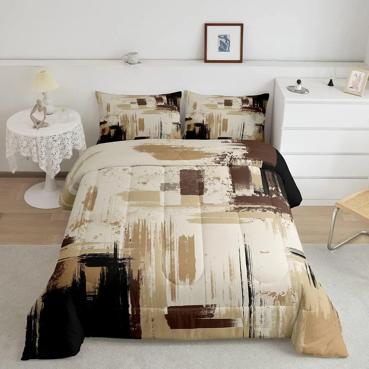 Feelyou Abstract Luxury Decorative Microfiber Bedding Set - Modern Abstract Art Designer Soft Breathable Brown Grey Black Lightweight Duvet Set for Room Decor, Breathable Duvet Set