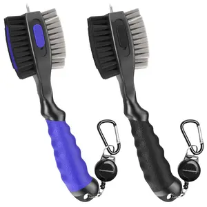 THIODOON 2 Pack Golf Club Brushes and Groove Cleaner 2 ft Retractable Zipline Carabiner Golf Brush Head with Retractable Spike Comfortable Grip Golf Club Cleaner