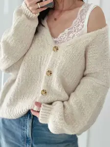 Women's Simple Knit Cardigan, Pure Color V-Neck Buttoned Sweater Jacket, Casual Fitted Outerwear for Fall & Winter Knitwear