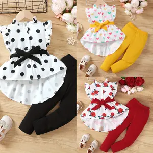 Ready Stock 18m-6t Baby Girls Clothes Polka Dot Print Belted Sleeveless Stand Collar Tops Elastic Long Pants 2Pcs Outfits 312312011 Shirt Casual Costume